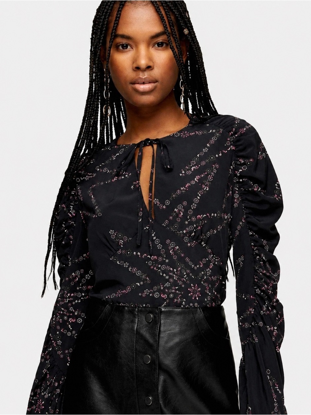 Topshop Black Star Pink Floral Print Ruched Sleeve Prairie Blouse Women’s Size 8
